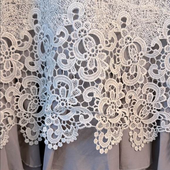 Light Gray Lace Crochet Long Sleeve Layered Chiffon Blouse Women’s Top XS/Small - Picture 3 of 8